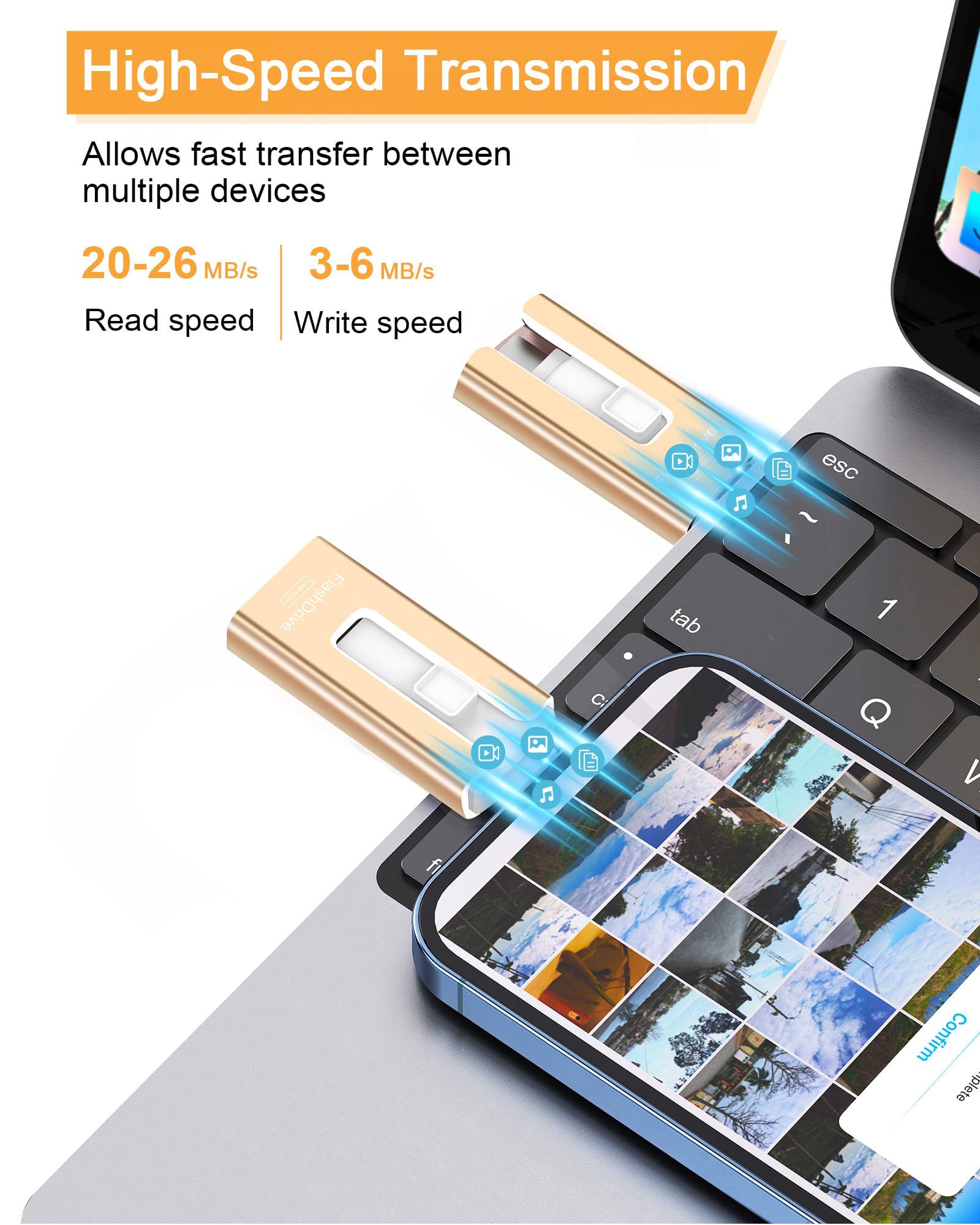 GNASEET 256GB USB Flash Drive for Phone & Pad, High-Speed Photo Stick, Gold Memory Storage for Photos & Videos